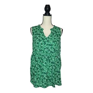 Bobeau Top Green White Blue Floral Split Vneck Sleeveless Women's Size M